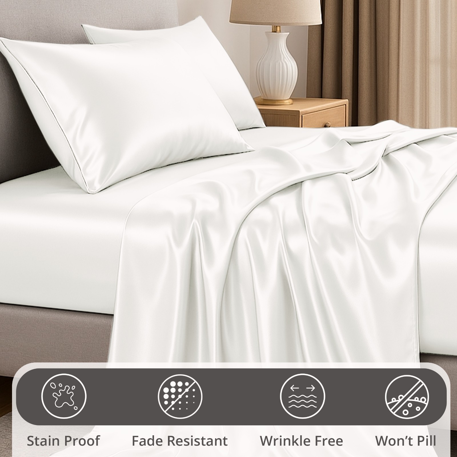Satin Bed Sheet Set 4 Piece Silky Soft Deep Pocket Cooling Sheets Wrinkle-Free