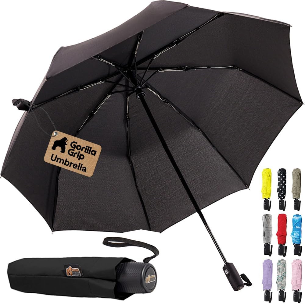 GORILLA GRIP Compact Travel Size Umbrella for Rain, Stick Design Fits Backpack,