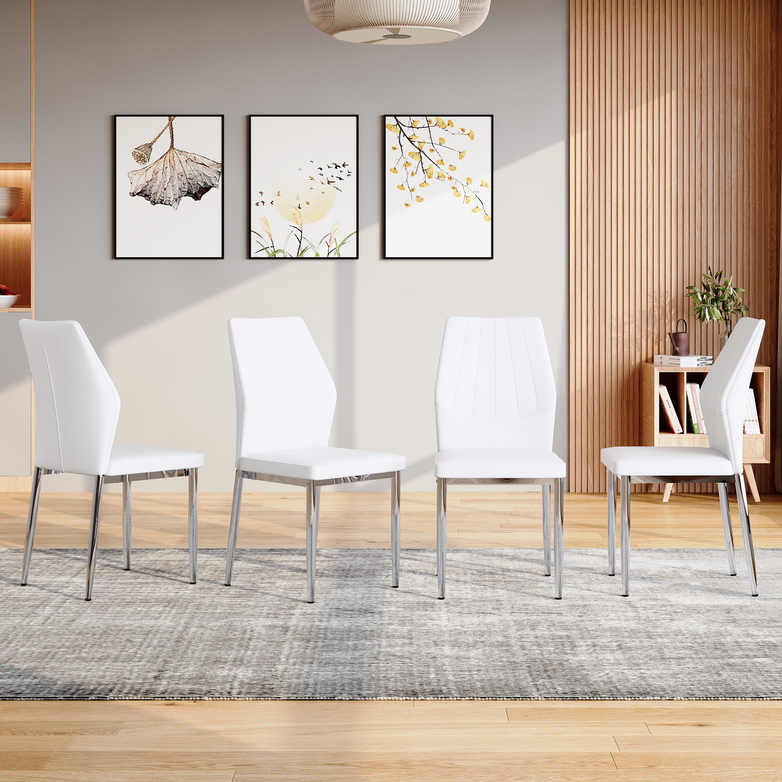 Set of 4 Silver White Dining Chairs, 37" High PU Backrest Ergonomic