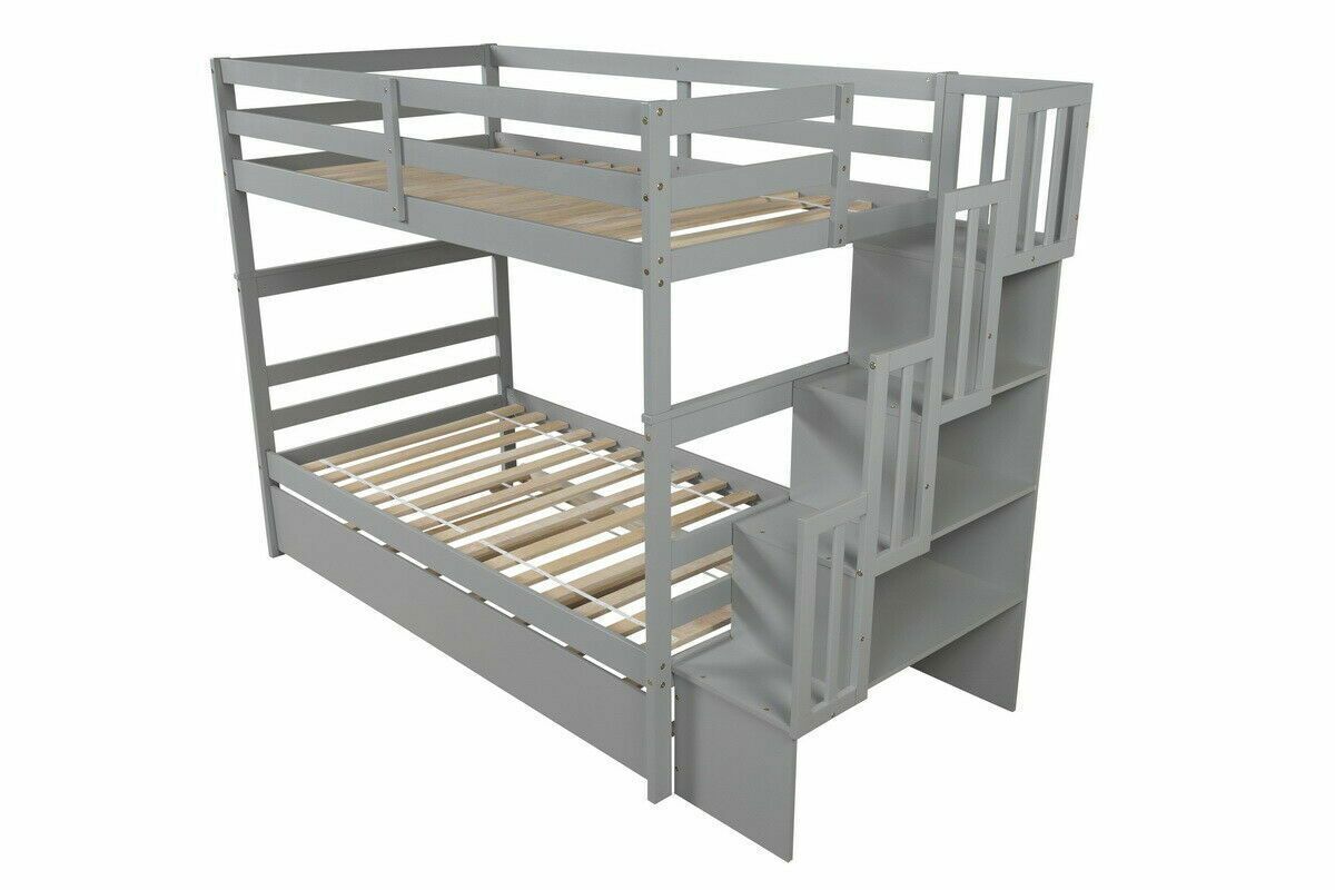 Twin Over Twin Bunk Bed Frame Wood Platform Bed Frame w/Trundle and Stairway