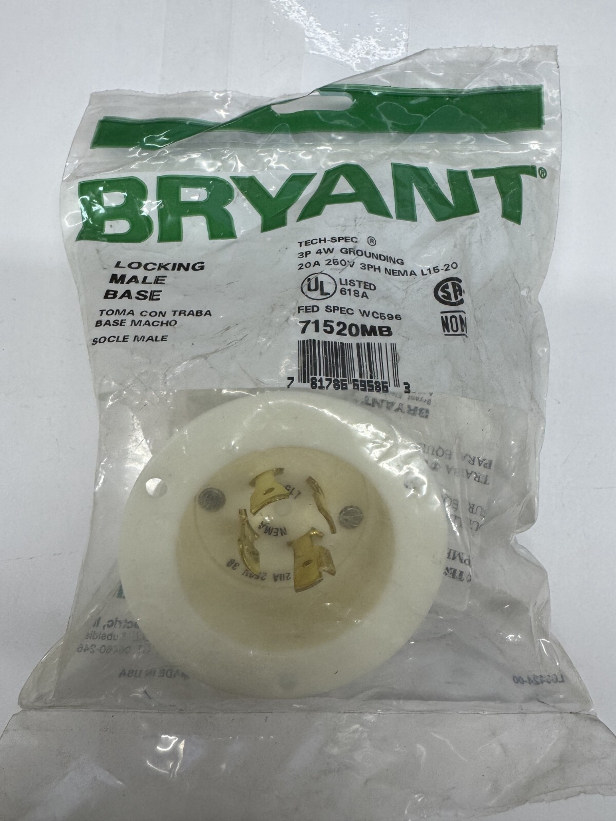 Bryant 71520MB Locking Male Base 3P 4W Grounding 20A 250V