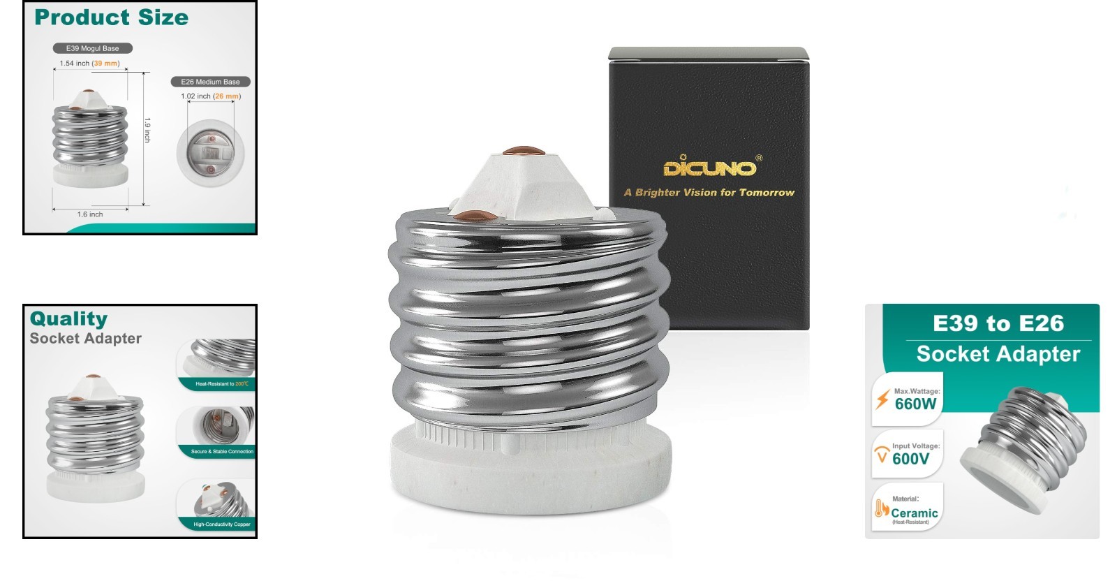 E39 to E26 Socket Converter, Ceramic Mogul E39 to Standard Medium E26 Light B...