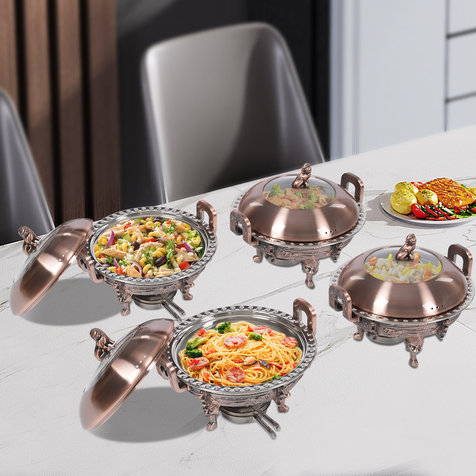 4PCS Bronze Chinese Style Chafing Buffet Set Round Stainless Steel Buffet Set