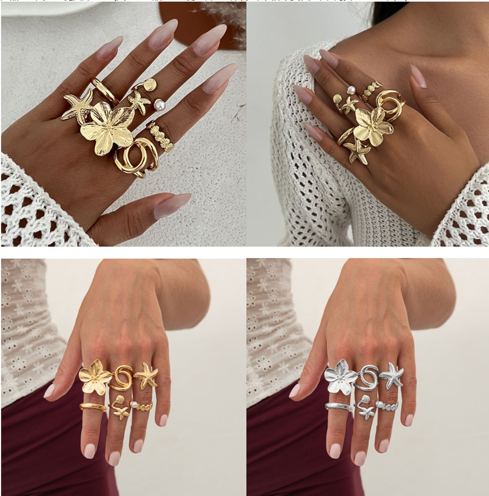 Adjustable Open Coastal Statement Ring Set Sun Starfish Flower for Summer Party