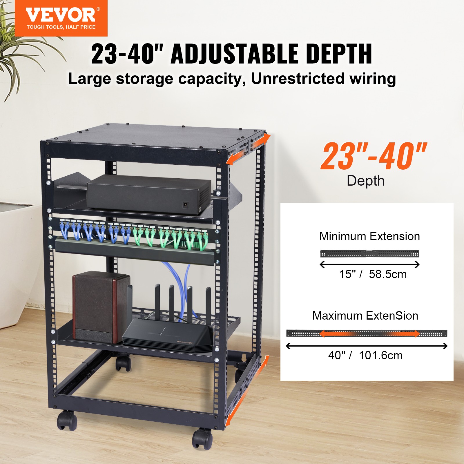 VEVOR 15U 4 Post Open Frame Server Rack Network Enclosure 23-40 in Adjustable