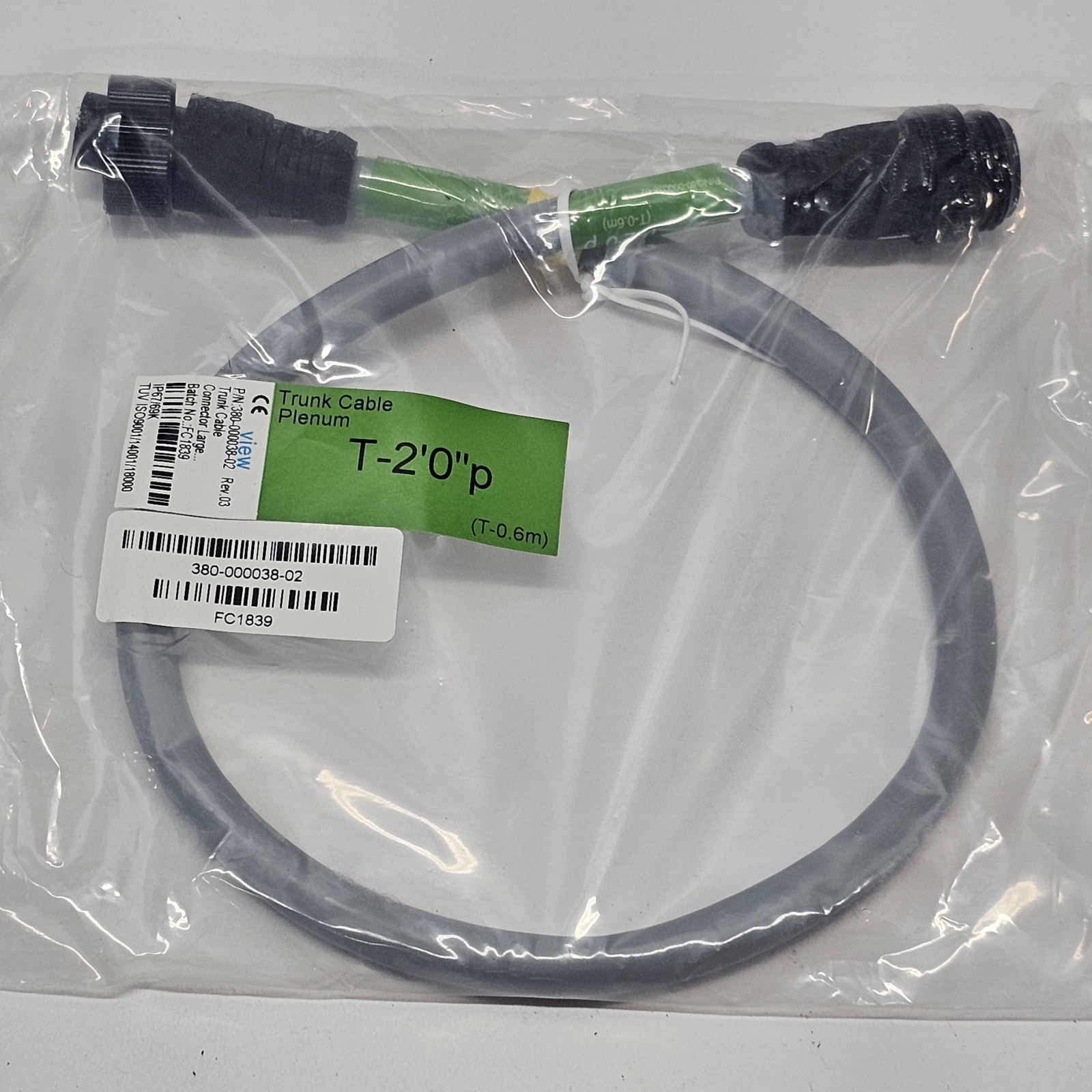 VIEW 380-000038-02 Plenum IGU Trunk Cable 4-PIN, Male To Female 2'0"p NEW SEALED