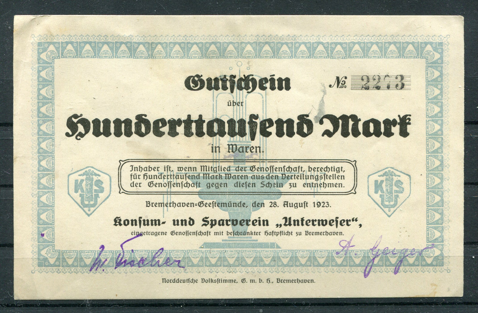 Bremerhaven 100.000 Mark Sparverein Unterweser Notgeld 2/9901