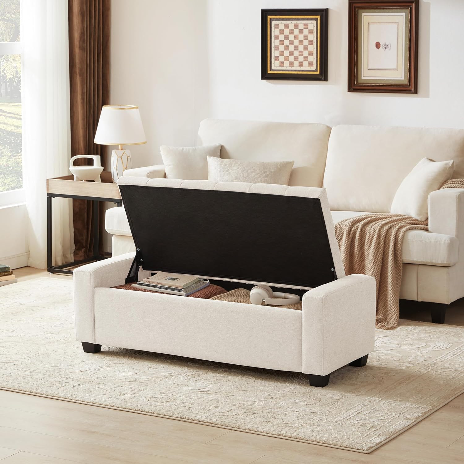 48" Ottoman with Storage, Storage Ottoman Bench with Safety Hinge, Upholstered E