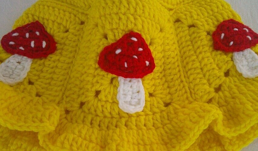 Mushroom Wide Brim Yellow Bucket Hat Crocheted Acrylic/Cotton Handcrafted New