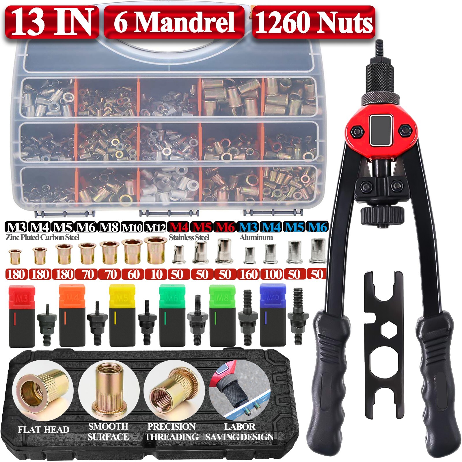 1260pc Riveter Gun Auto Rivet Tool Stainless Steel Nuts Insert Tools Mandrel Kit