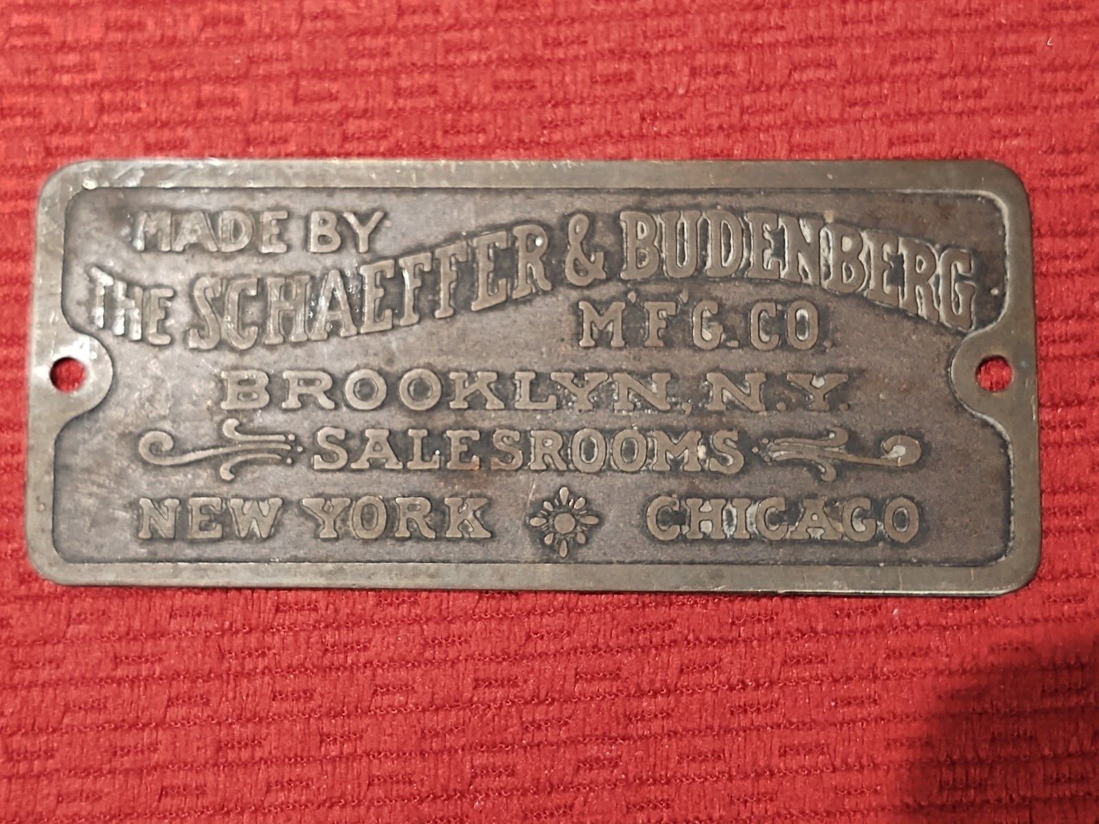 Made by Schaeffer & Budenberg Small-Sized Salesroom Plaque Brooklyn N.Y.