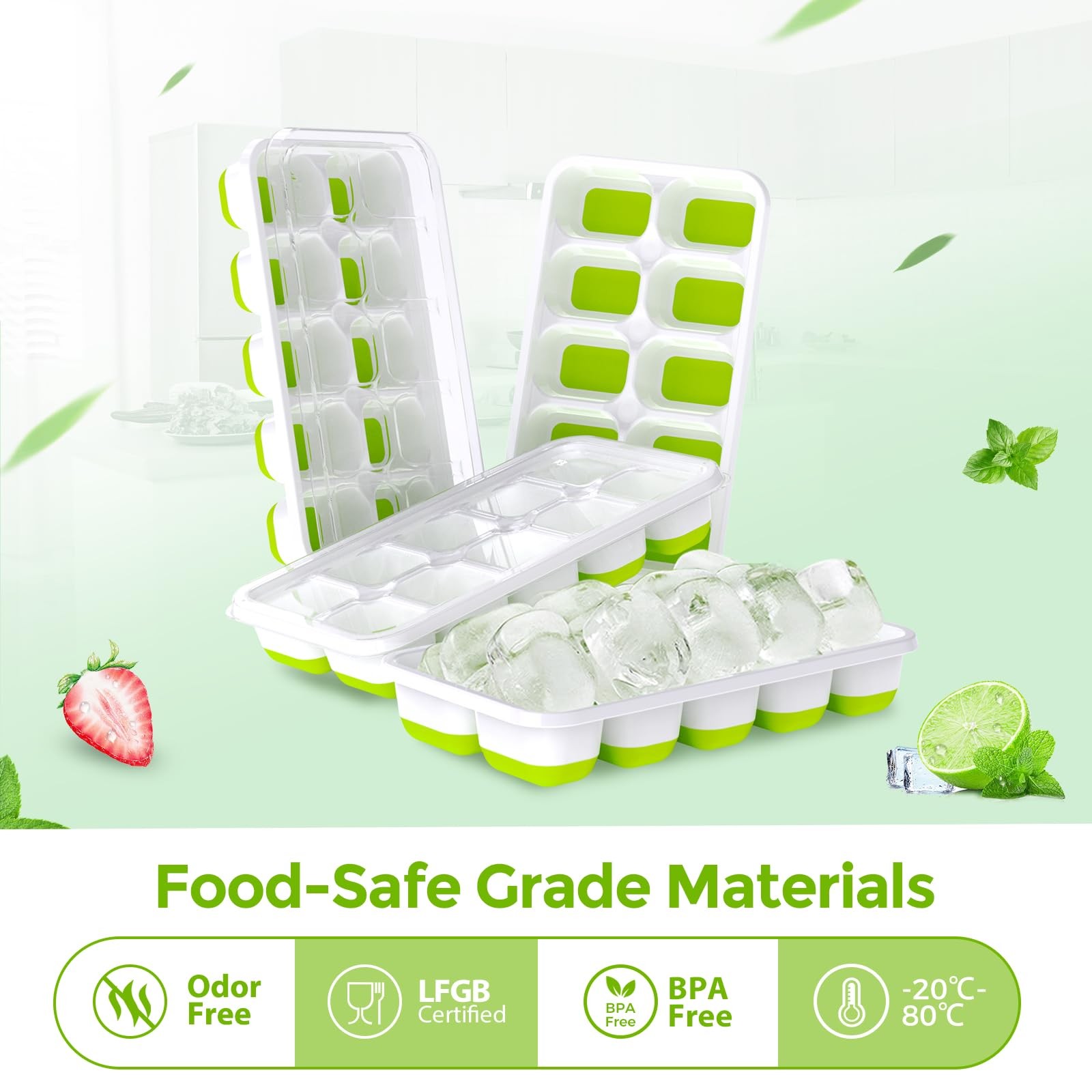 DOQAUS Ice Cube Tray with Lids - 4 Pack Stackable 4Pack-7.2"*4.1"*1.3", Green
