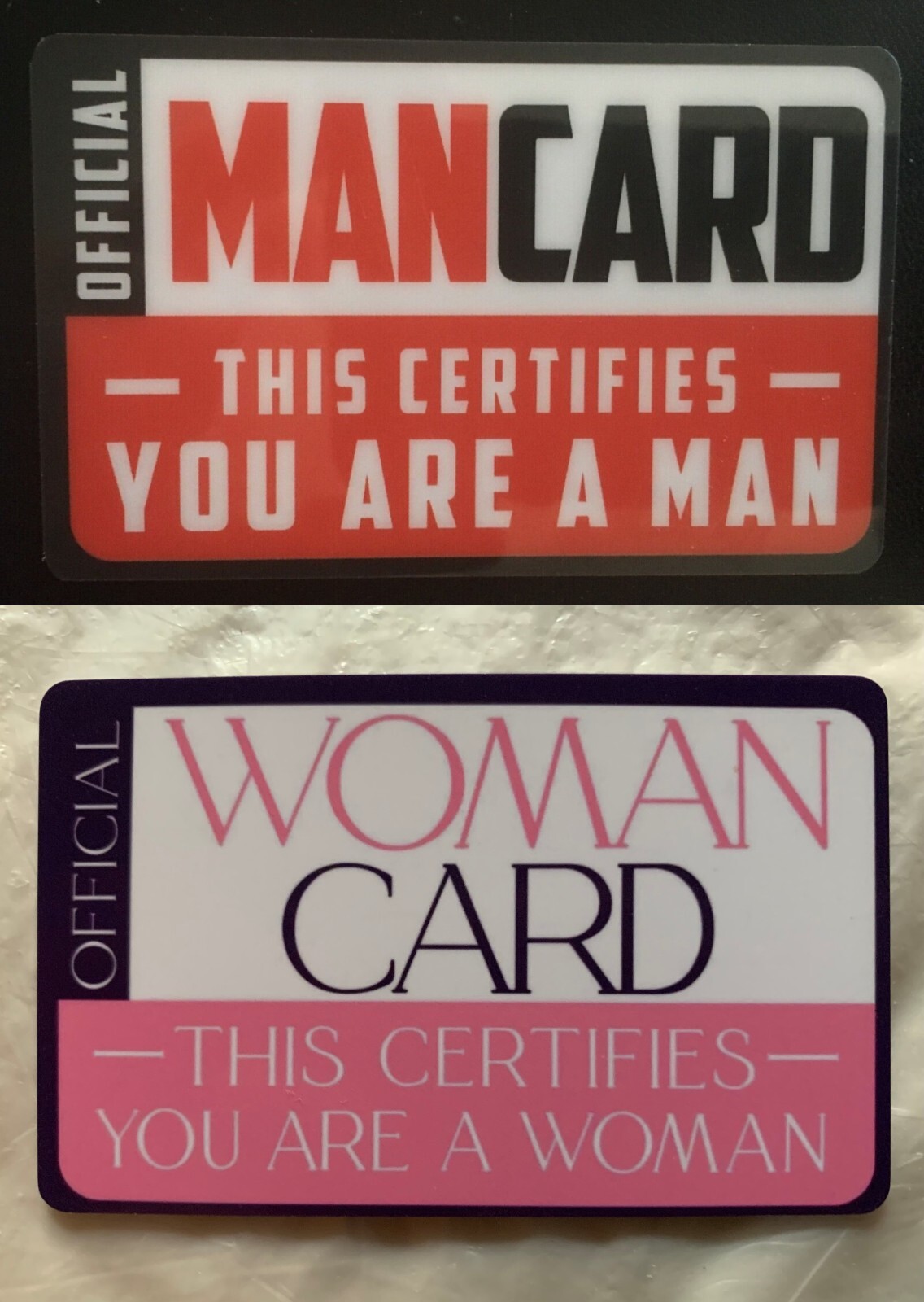 Official Man Card & Woman Card Set Of 2 cards Mancard ID Joke novelty cards