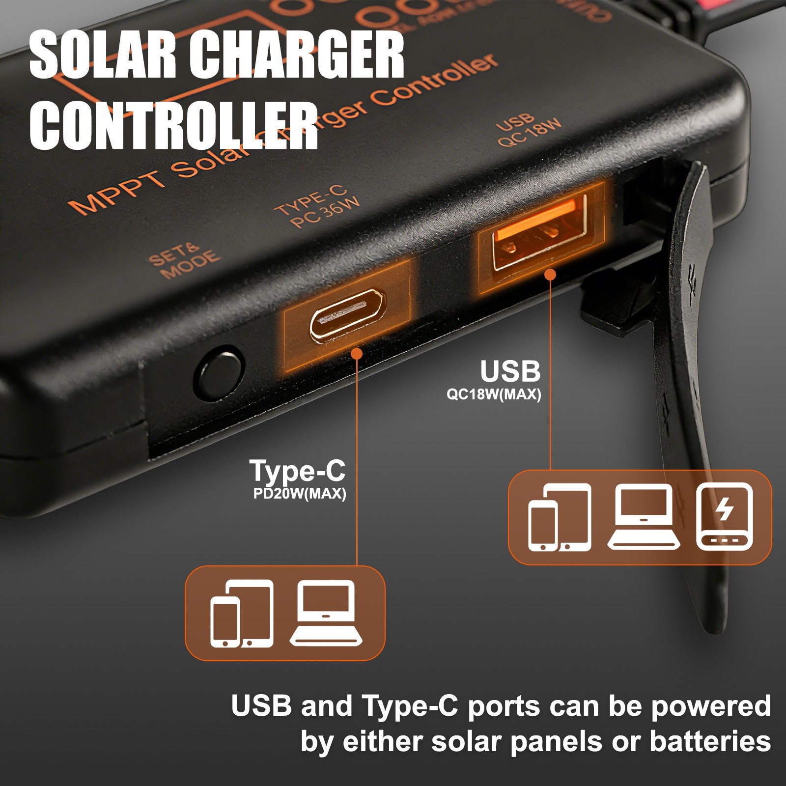 10A MPPT Solar Charge Controller 12V LCD Intelligent Regulator with Type-C&USB