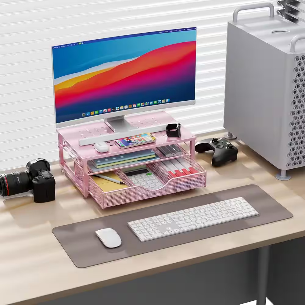 Pink 15.7 In. X 5.5 In. Metal Modern Desk Organizer Stand with Drawer