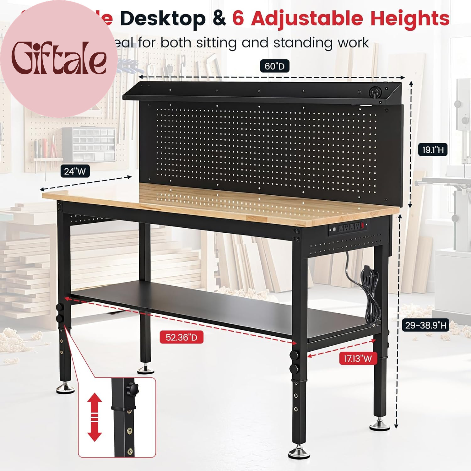 60'' Heavy Duty Workbench 3000 LBS Load Capacity Adjustable Height Garage Work B