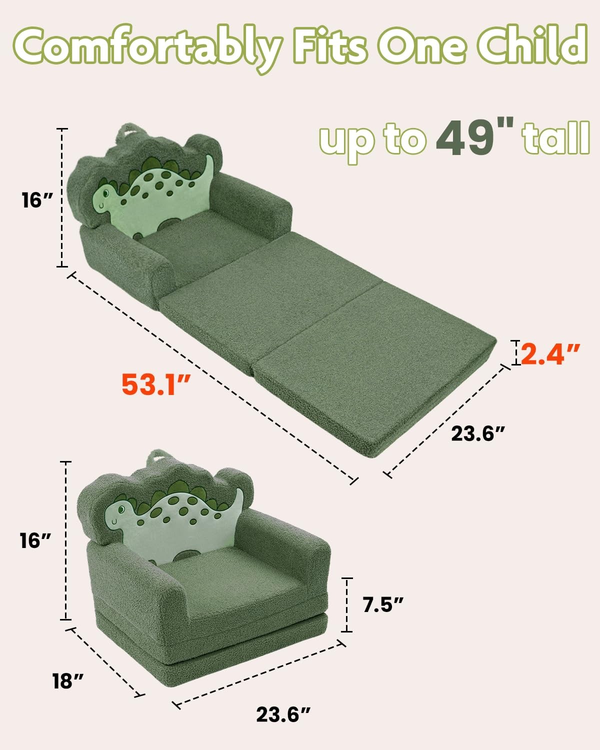 Couch, Convertible Sofa to Lounger Fold Out, Green Dinosaur Design Chair for ...