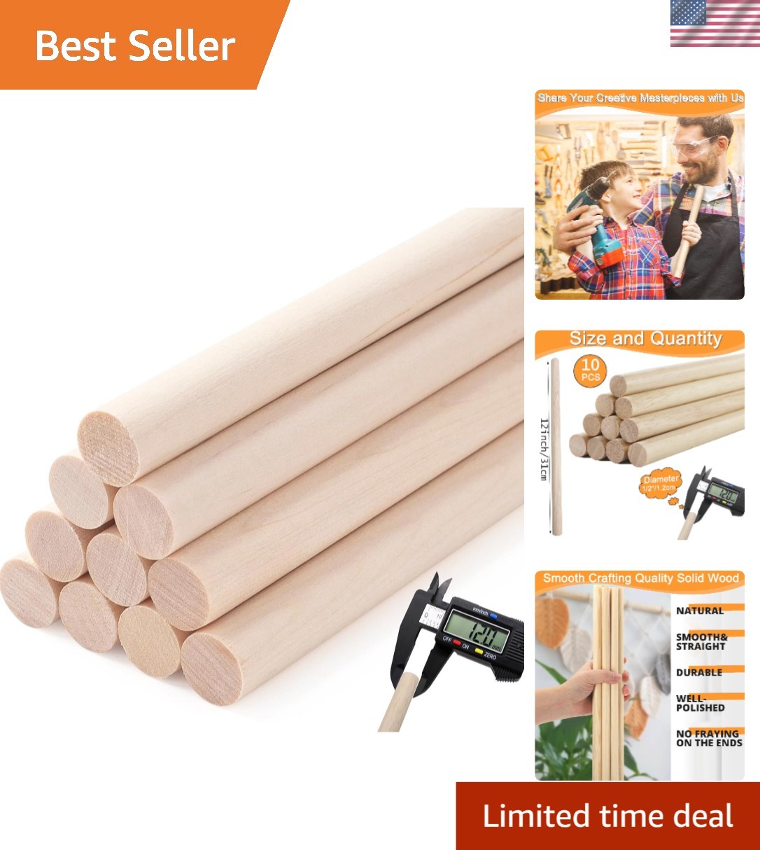 Wooden Dowel Rods Craft Dowels Wood Sticks 1/2 x 12 Inch 10 Pack