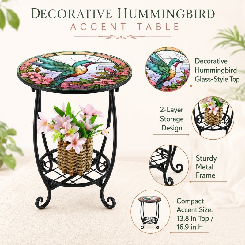 17*14in Hummingbird Side Table Metal Accent Plant Stand Patio Garden End Table