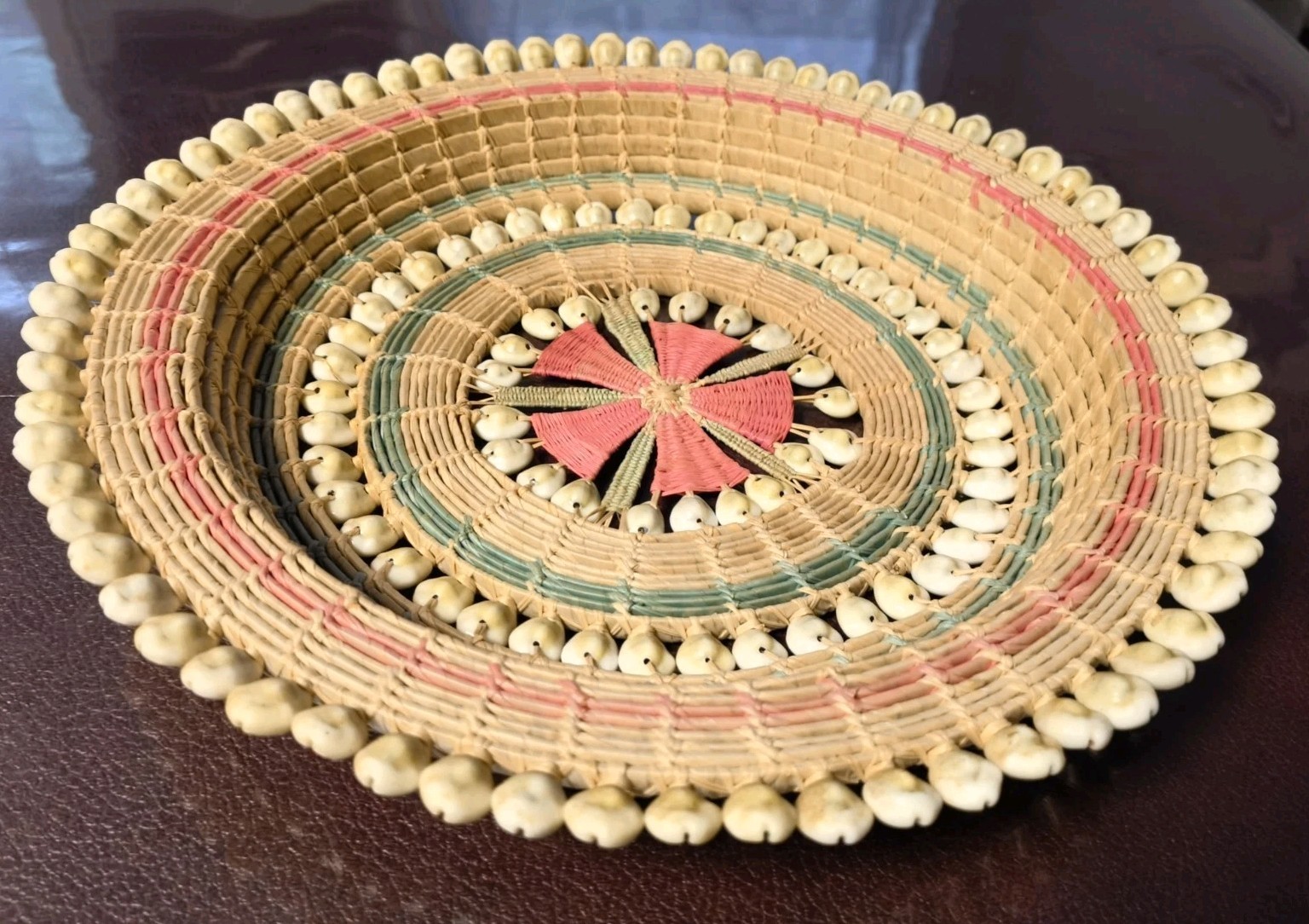 Handwoven seagrass and shell breadbasket, 12", 1970s style,