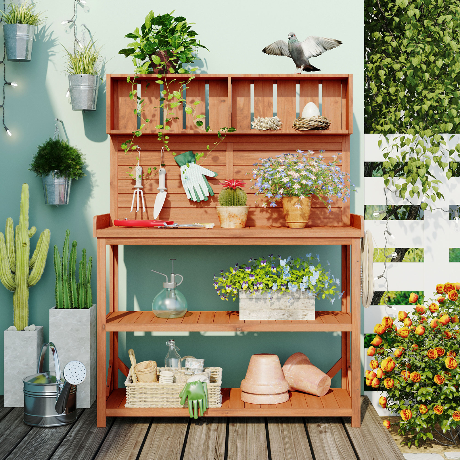 Outdoor Potting Bench Table Wooden Patio Workstation with 4 Shelves & Side Hook