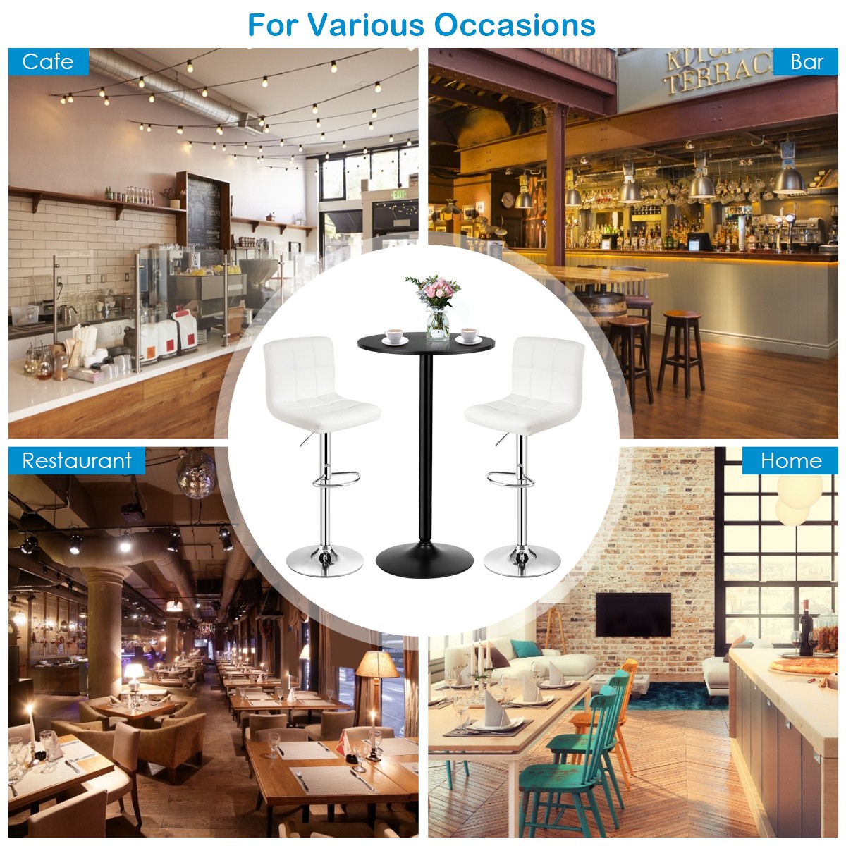 Costway 3PCS Pub Table Set 24" Round Bar Table & 2 Adjustable Bar Stools White