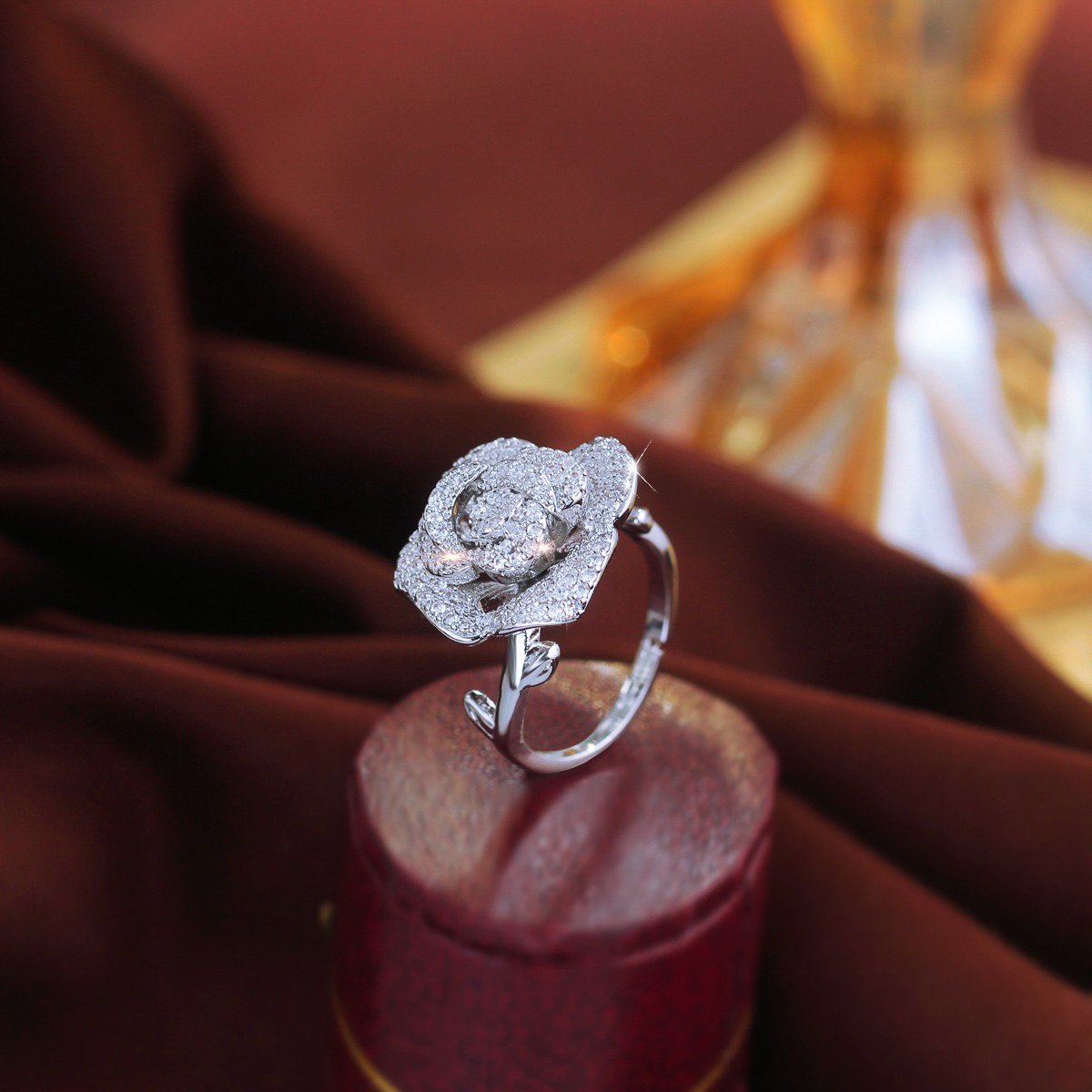 Silver Plated Cubic Zirconia Micro Paved Rose Flower Adjustable Ring for Women