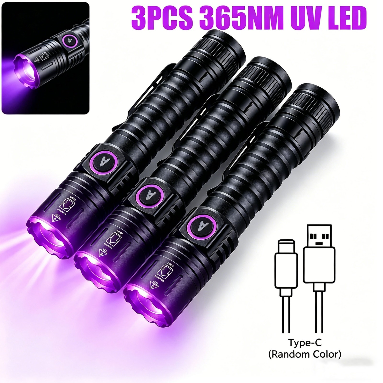 3PCS 365NM UV Ultra Violet LED Flashlight Blacklight Light Inspection Lamp Torch