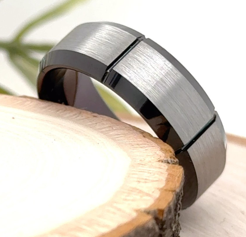 Modern 8mm Black Tungsten Ring Unisex Band with Polished & Brushed Stripe Finish