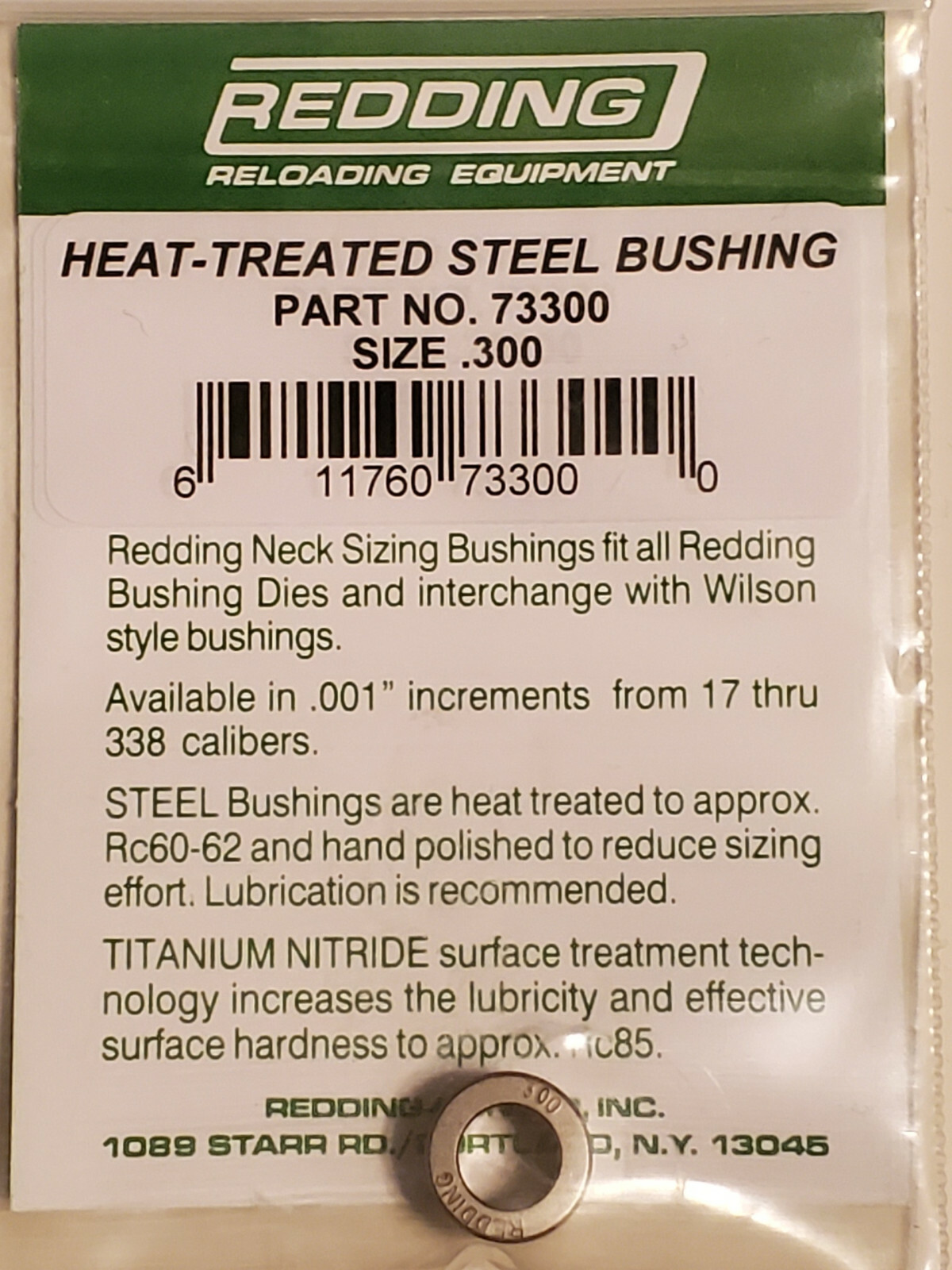 73300 REDDING HEAT TREATED STEEL .300 NECK SIZE BUSHING - BRAND NEW - FREE SHIP