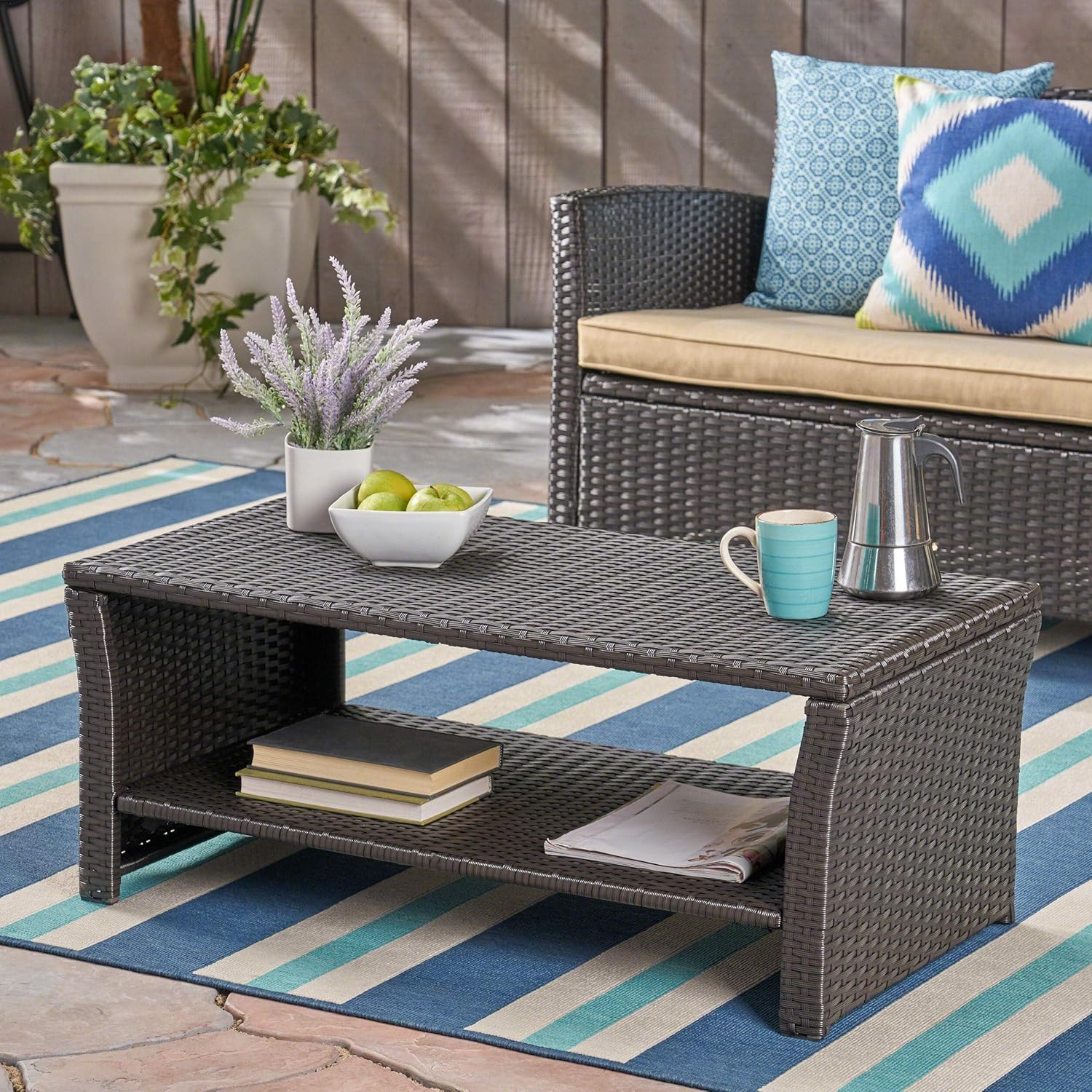 Justin Outdoor Wicker Coffee Table, Brown, Black