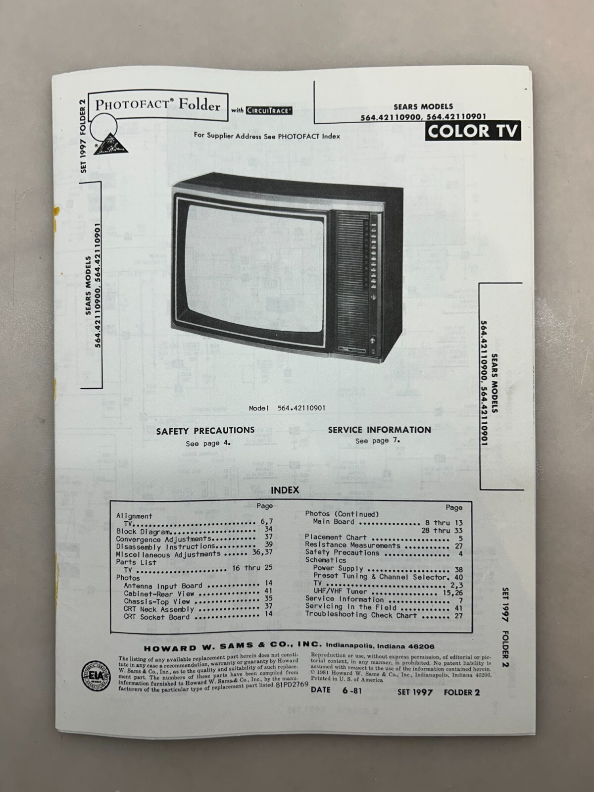 Sears 564.42110900 42110901 Service Manual Sams Photofact Free Shipping
