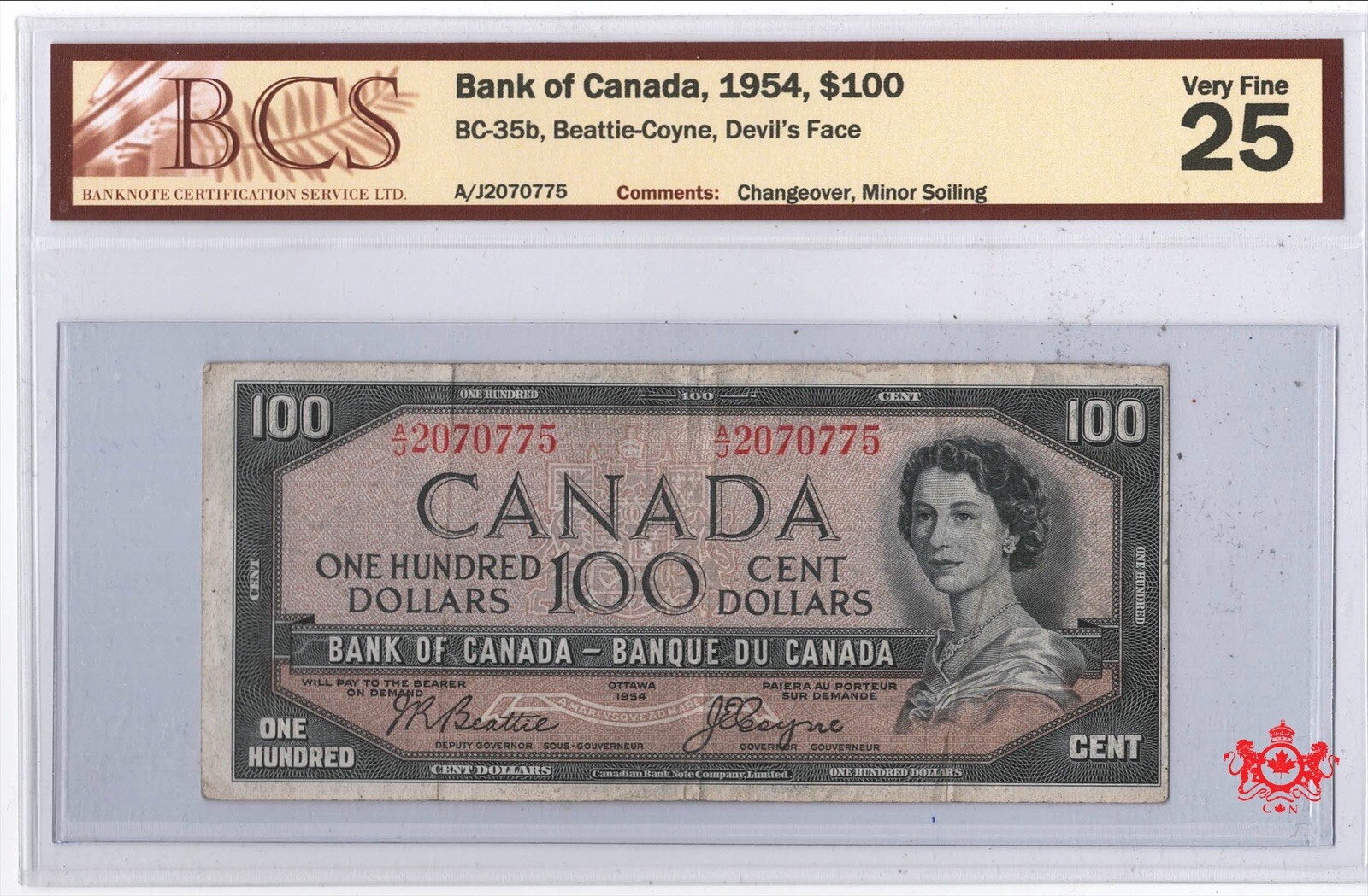 1954 Bank Of Canada 100$ Beattie/Coyne Devil Face A/J2070775 - BCS VF25 -