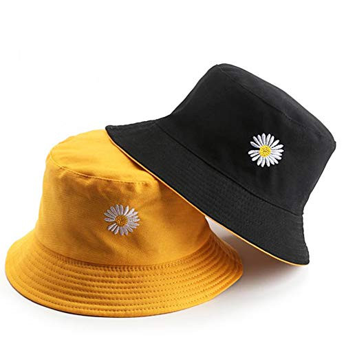Sun Hat for Women Bucket Hat Cotton Reversible Summer Travel Beach Black Yellow