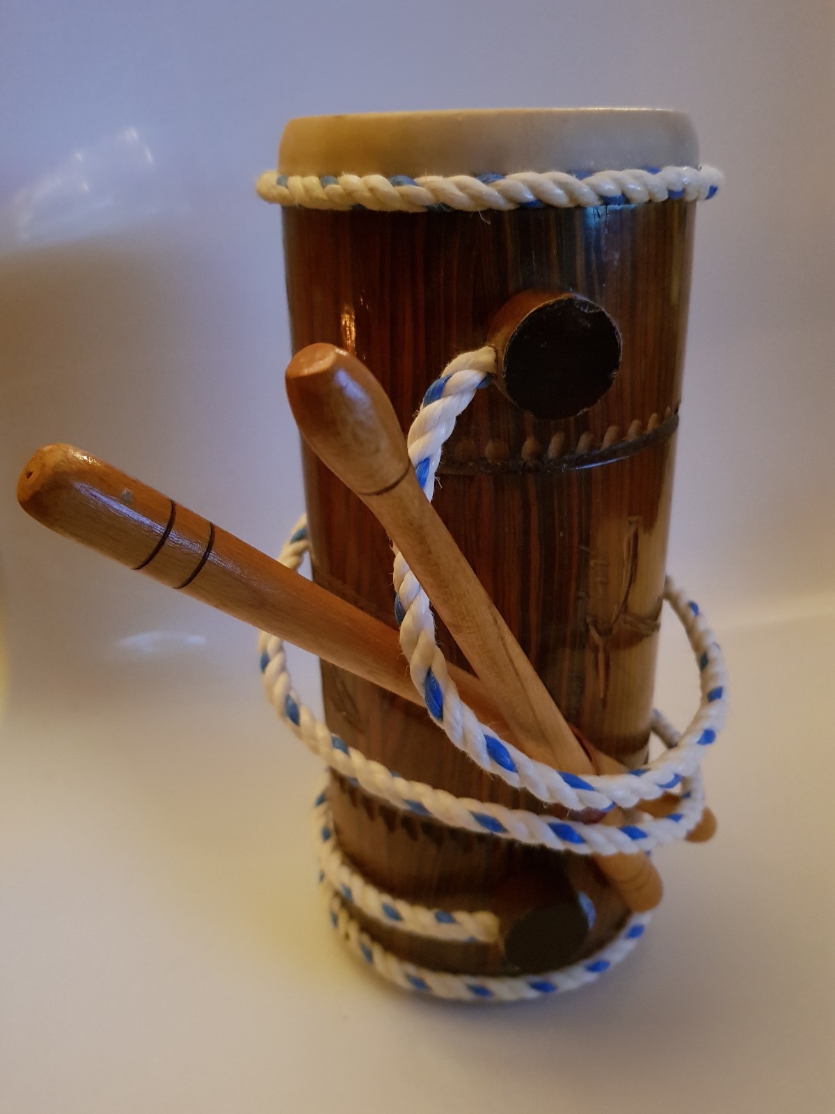 Wooden Vintage Hand Drum & Sticks Hand Carved Humming Bird, Flower & Leaves (GLB