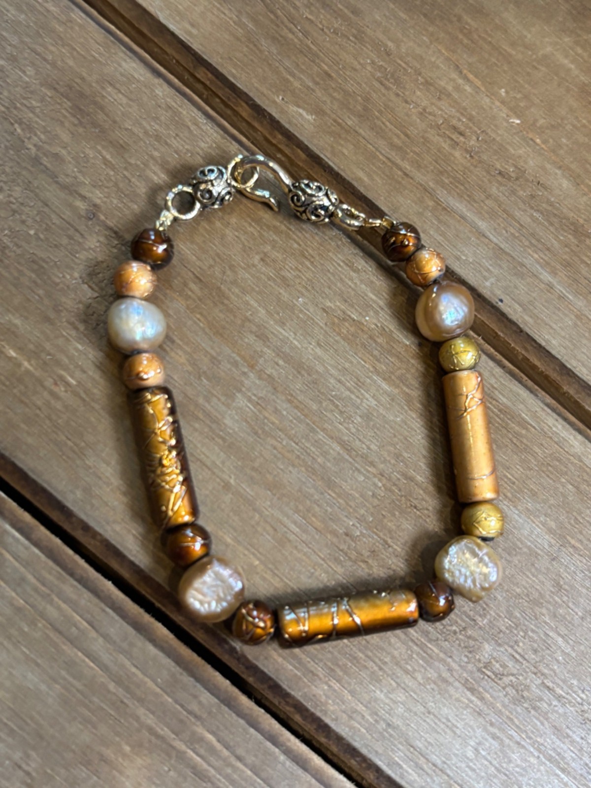 Handcrafted Gold & Brown glass  Beaded Bracelet With Barrel Beads & Pearl Accent