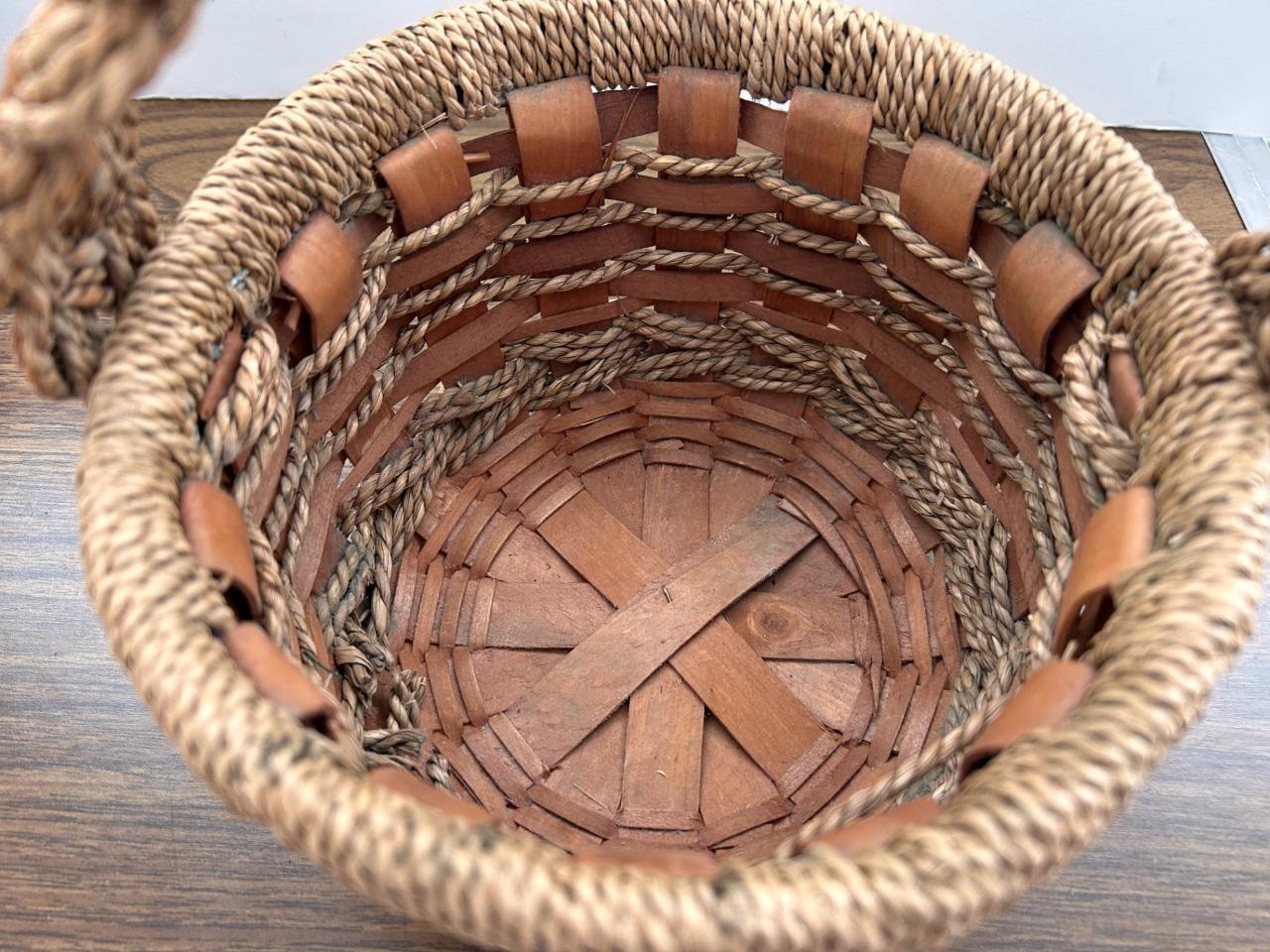 Handmade basket wood raffia rustic farmhouse with handle