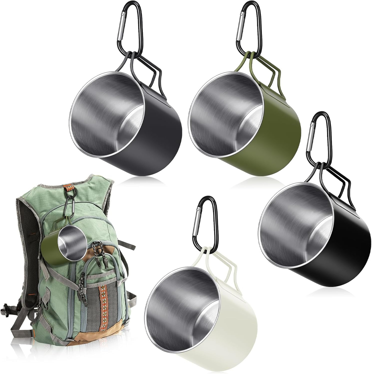 4 tazas de camping con asas plegables y anilla en D de acero inoxidable