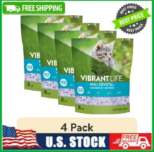(4 pack) Vibrant Life Mini Crystal Unscented Cat Litter, 8 lb Bag