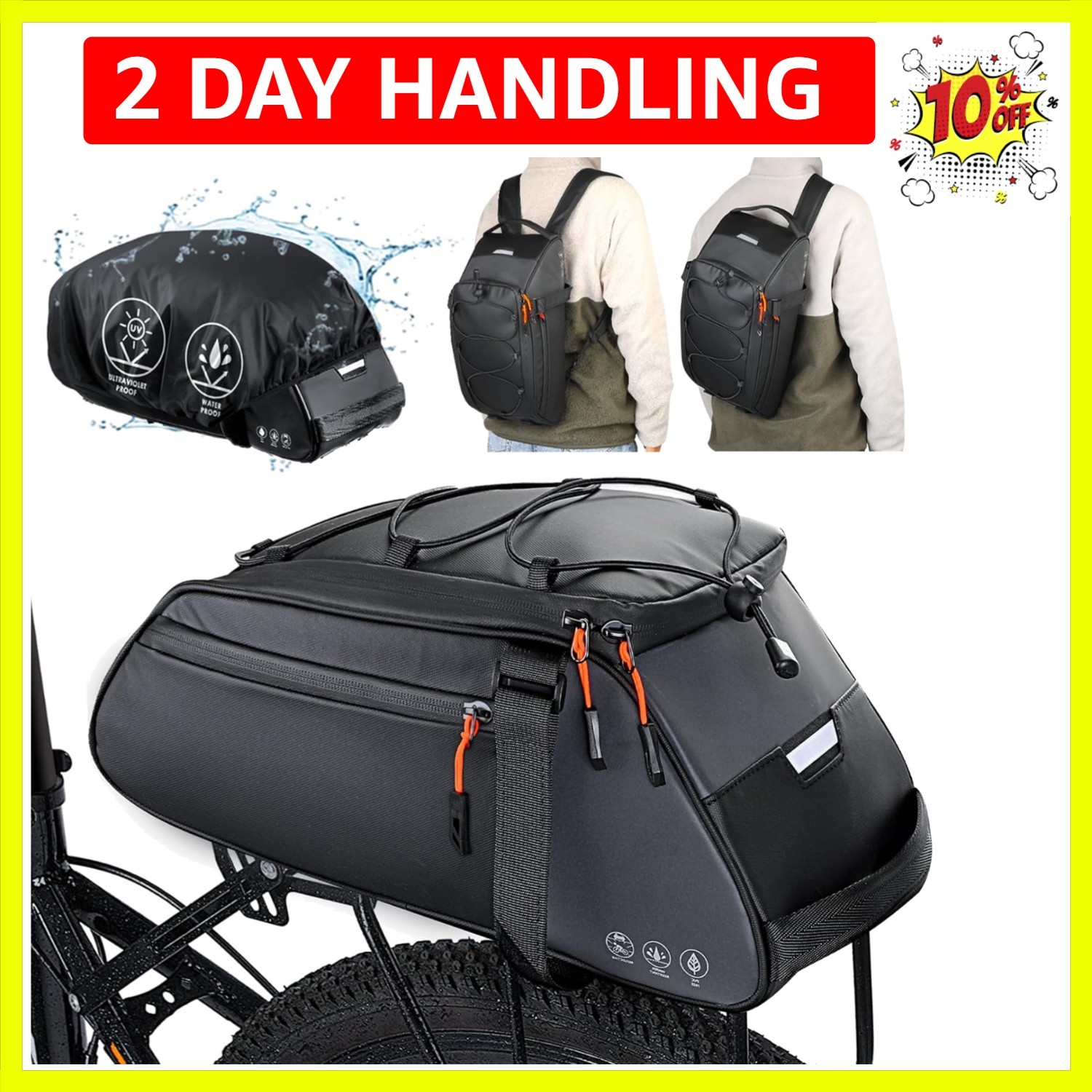 Bike Rack Bag Waterproof - 10L Large Capacity Bike Trunk Bag, Reflective Bicy...