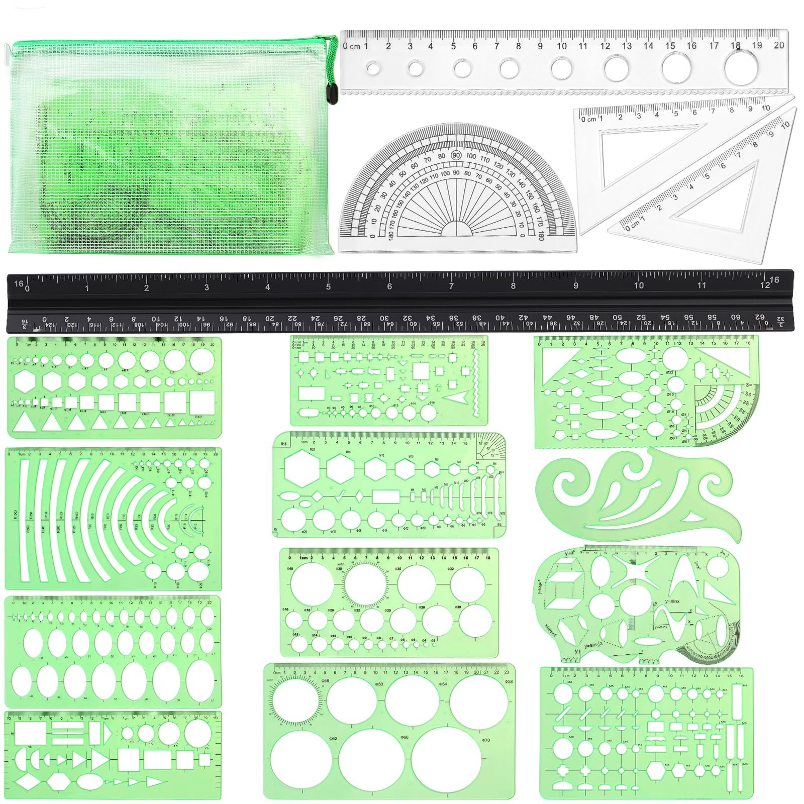 18 Pcs Geometric Drawings Templates, Drawing Stencils, Ruler Set, Circle Temp...