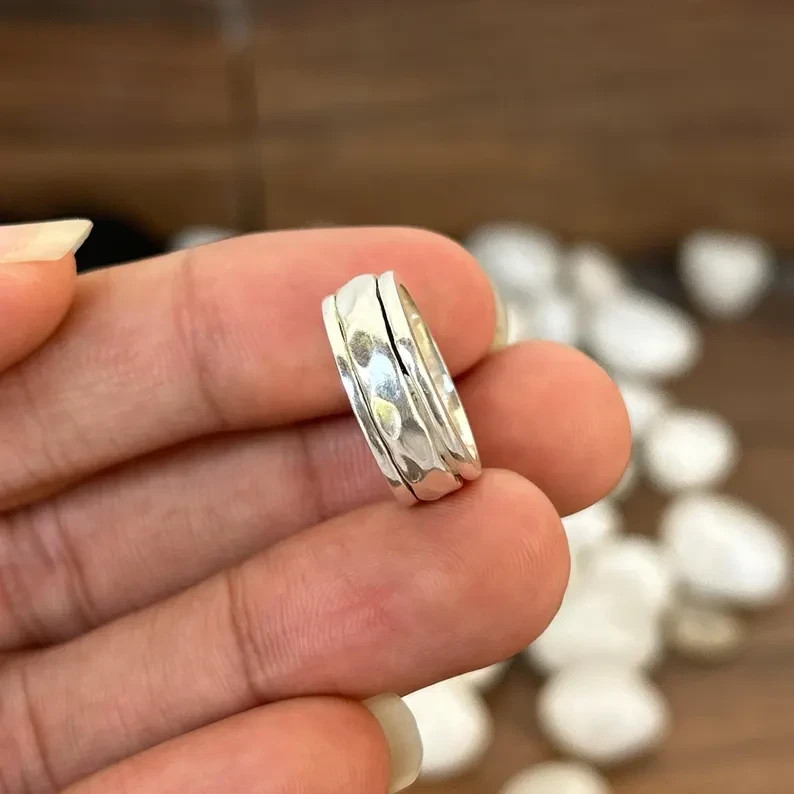 925 Sterling Silver Hammered Wide Band Ring Unisex Statement Jewelry All Size