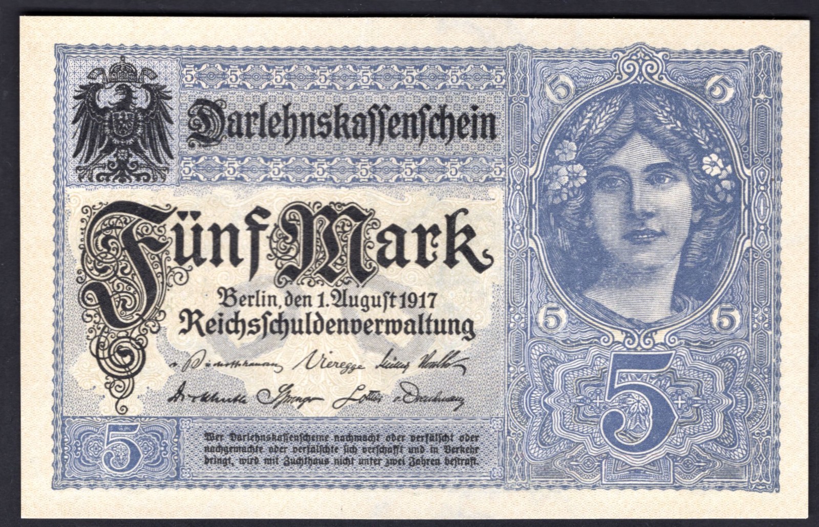 Germany, Darlehnskassenschein, 5 mark, 1-8-1917 (Pick 56b). AU.
