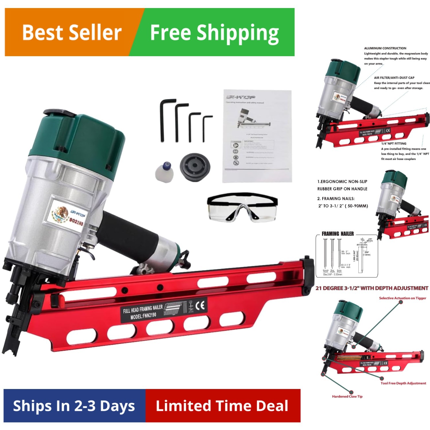 Mexican Style Framing Nailer 21 Degree 3-1/2" with Depth Adjustment Professio...