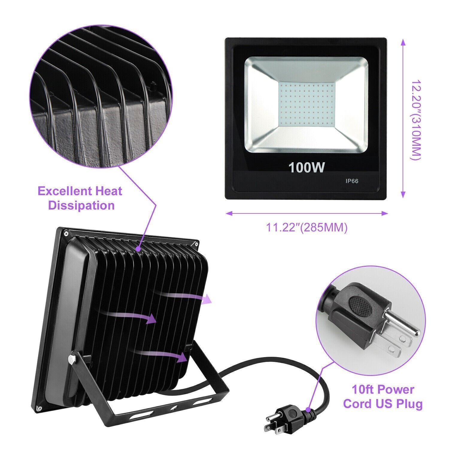 100W LEDUV Black Flood Lights Outdoor Garden with Plug for Glow Party Halloween