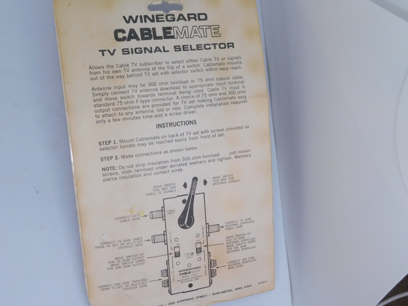 WINEGARD Cablemate CTS-1 Input selector switch 75 300 Ohm switch Antenna NOS