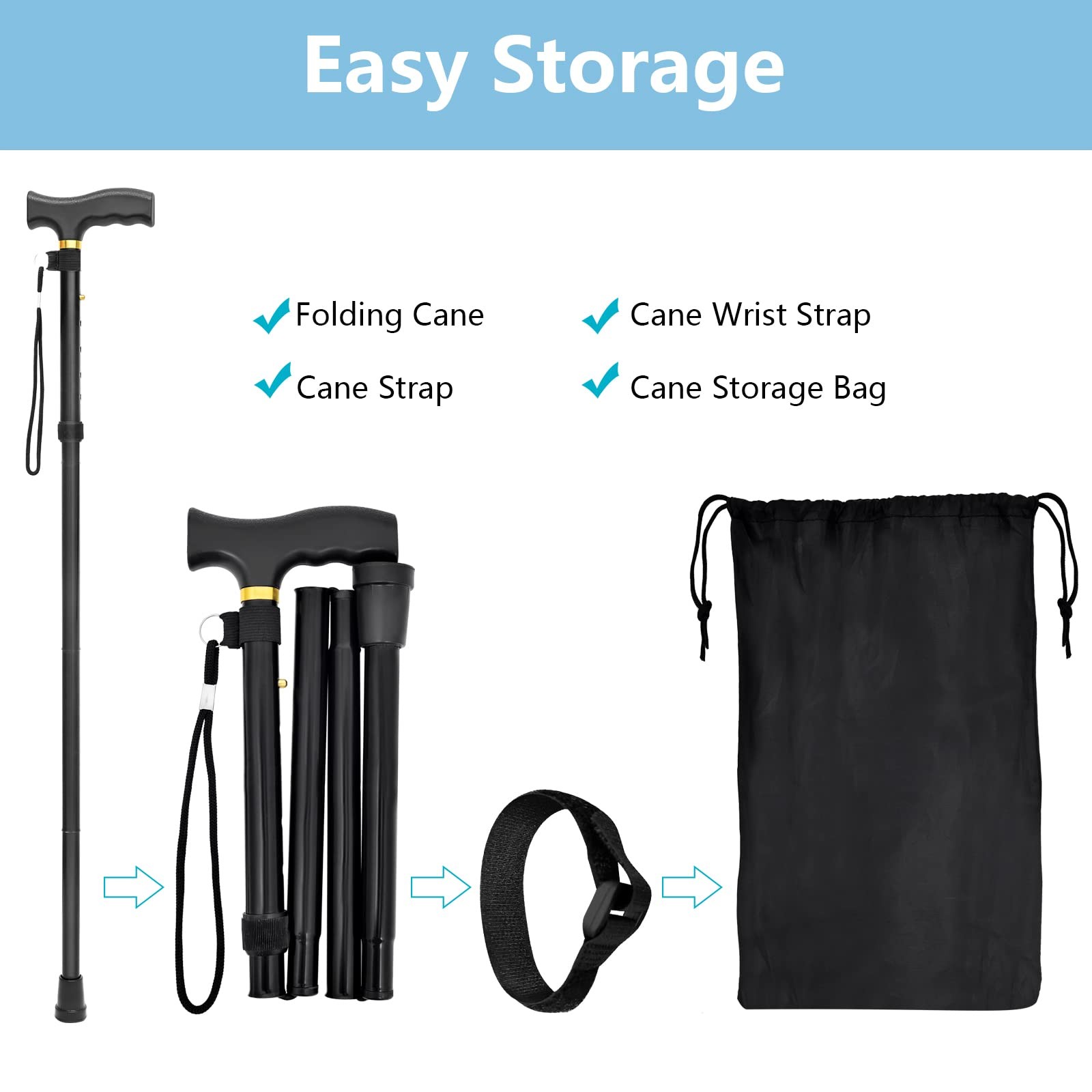 Folding Walking Cane - Lightweight, Adjustable, Anti-Slip, 37", black1