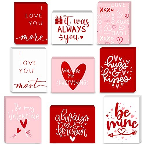 9 Pieces Wooden Valentine‘s Day Decor with Sayings Red Pink White Love Wood