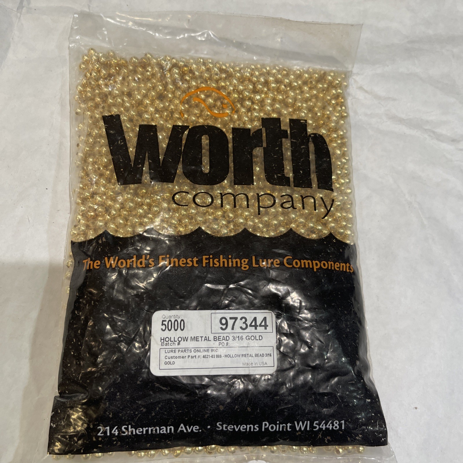 Qty 5000 Worth Co #97344 Hollow Metal Bead 3/16" Gold for Making Fishing Lures