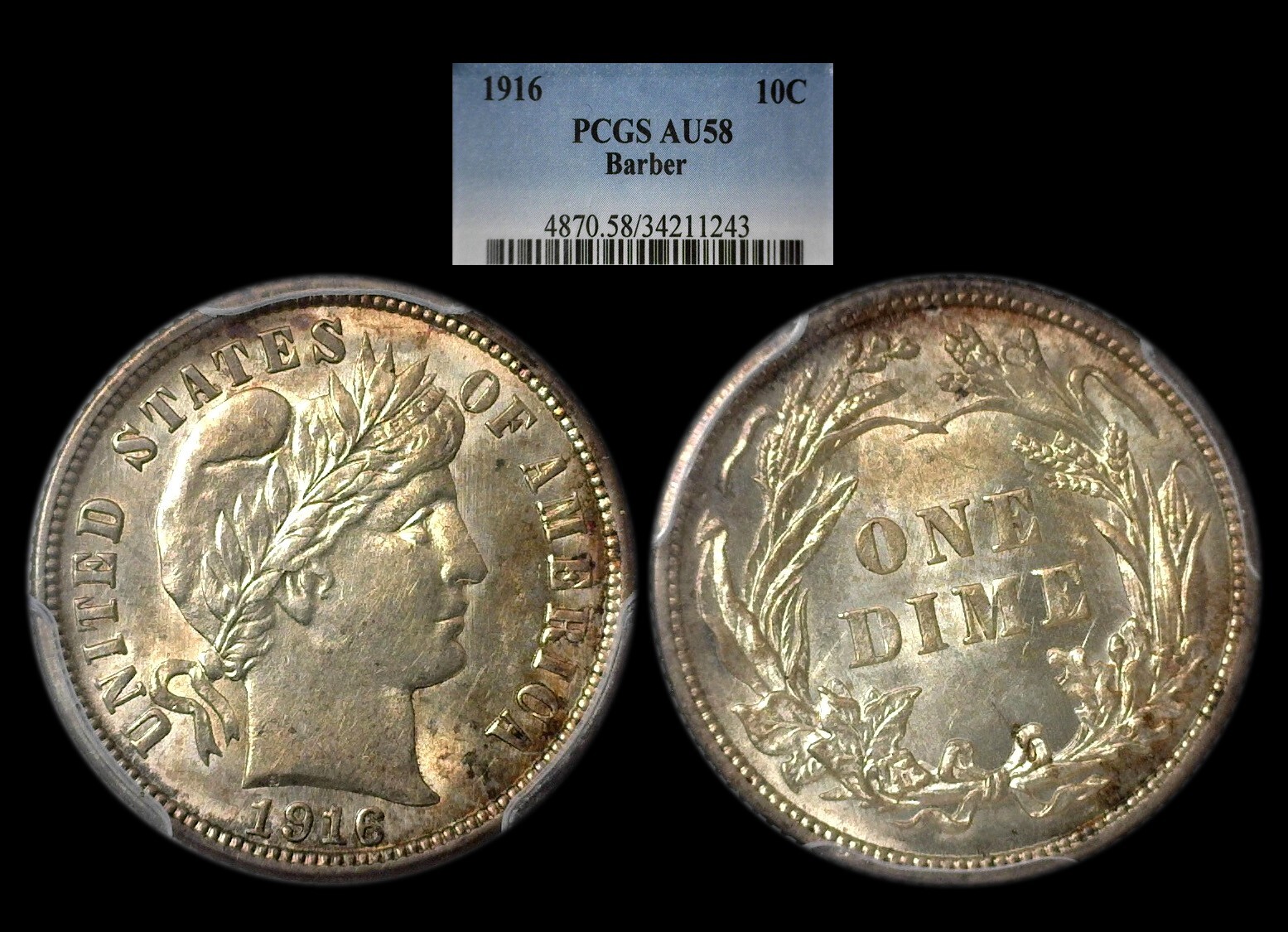 1916 Barber Dime graded PCGS AU58...pretty tone!